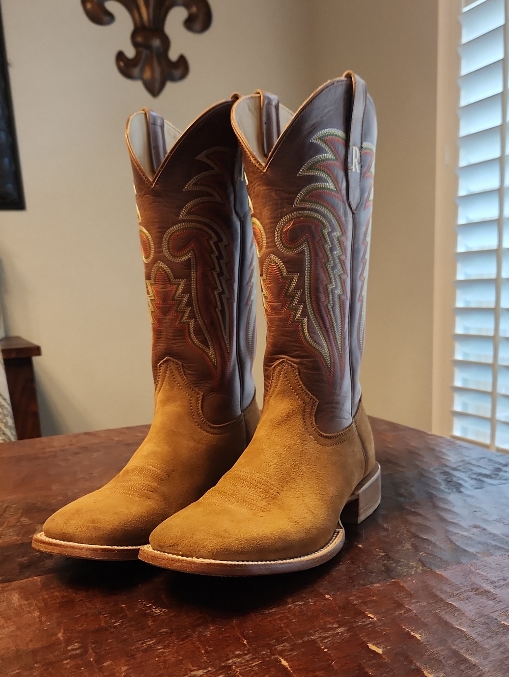 Men's R. Watson Two-Tone Suede Western Boots in Tan and Brown